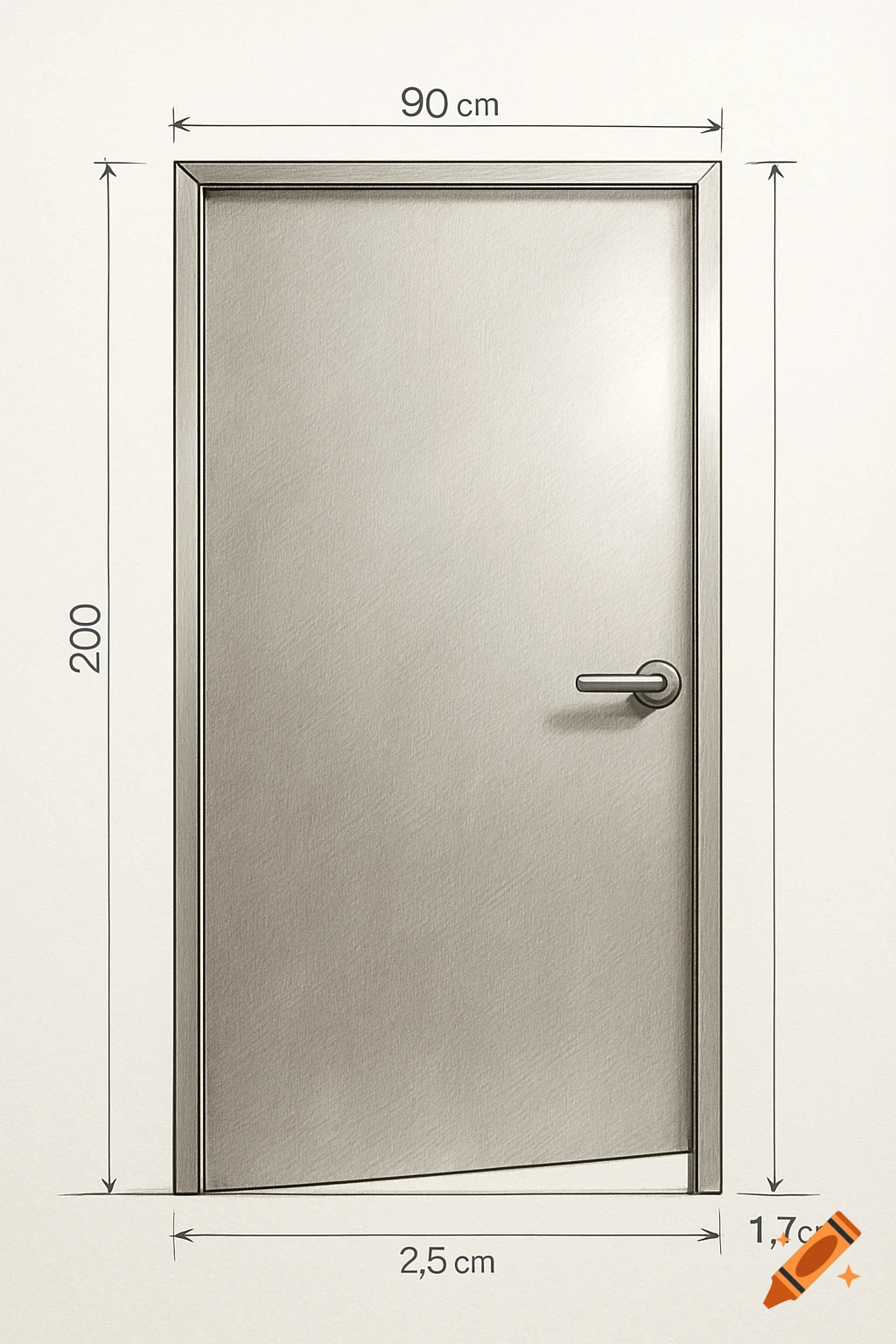 A technical drawing of a door with dimensions 90 cm wide, 200 cm high, and a slanted bottom from 2.5 cm to 1.7 cm.