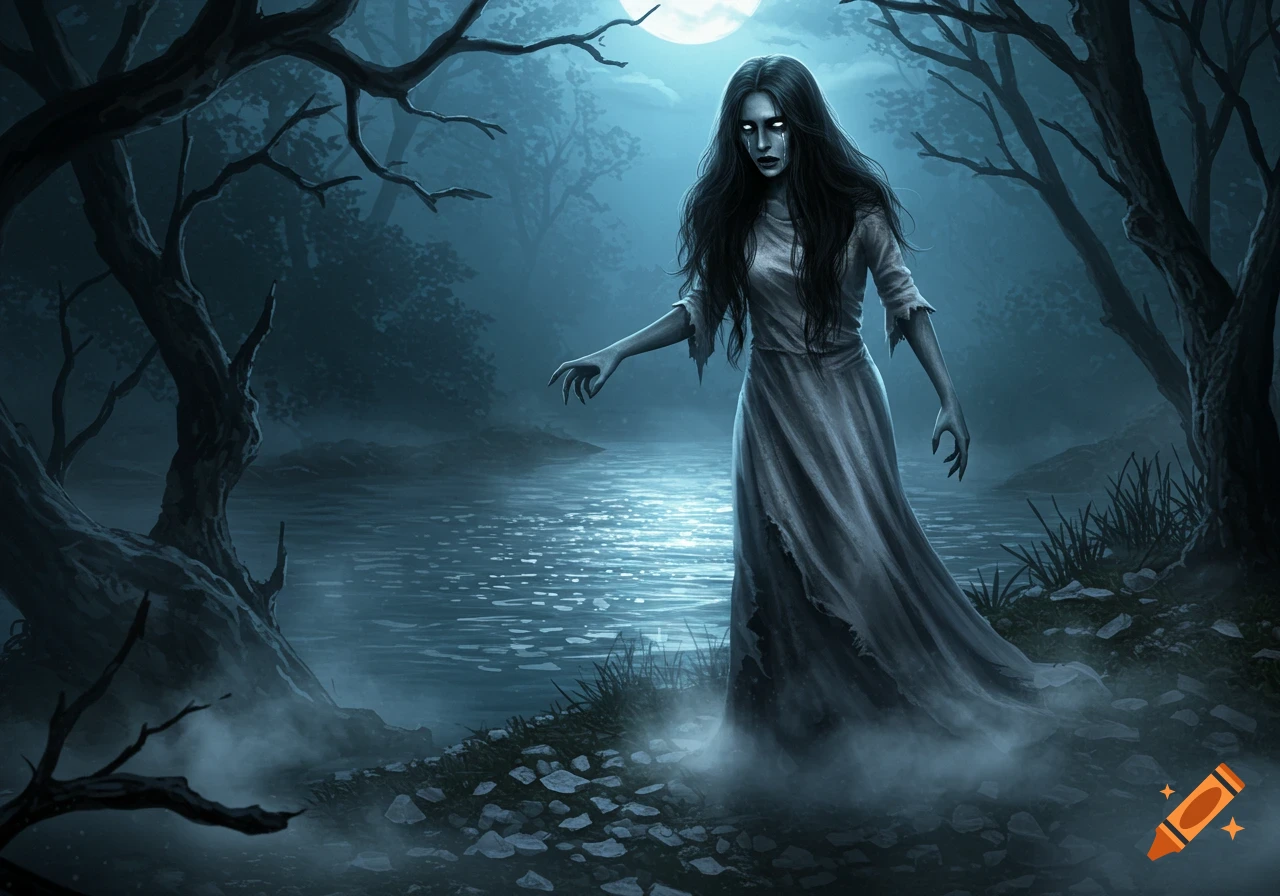 A ghostly woman with glowing eyes in a tattered white dress stands by a misty river in a dark forest under a full moon, digital art.