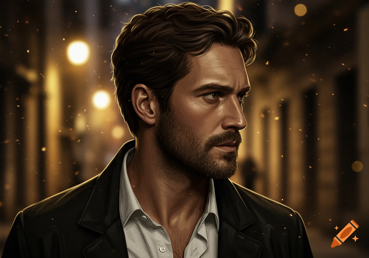 A handsome man with dark hair and a scruffy beard in a white shirt and black jacket, looking right with dramatic street lighting in the background.