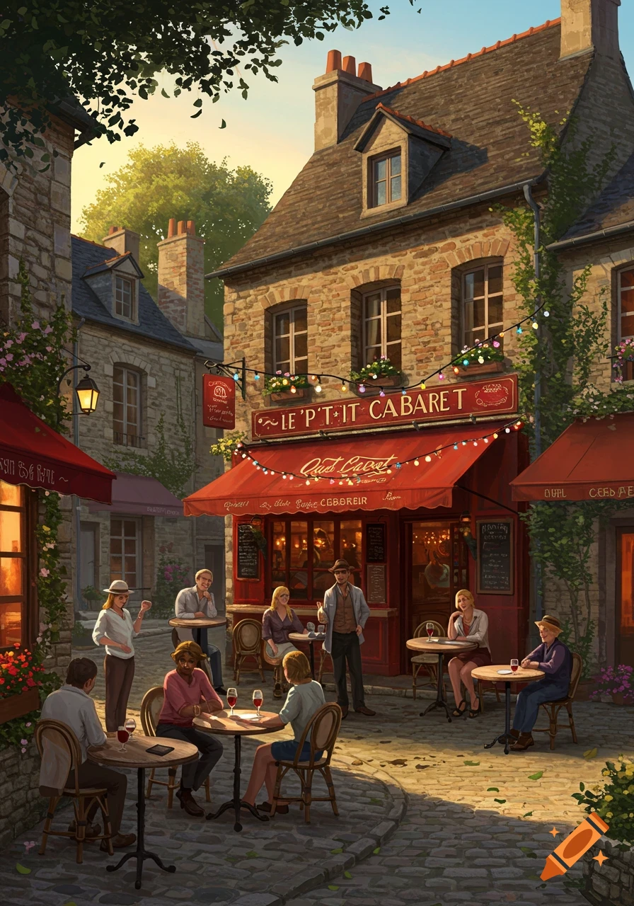 A charming, animated style illustration of a European village street with people dining outside a stone building cafe called "Le P'tit Cabaret" at sunset.