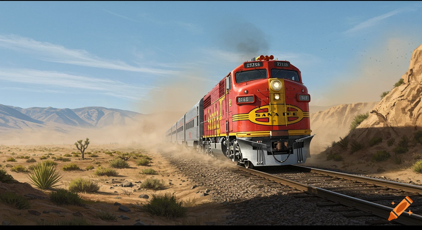 A red and yellow train kicks up dust as it travels through a desert landscape with mountains under a blue sky.
