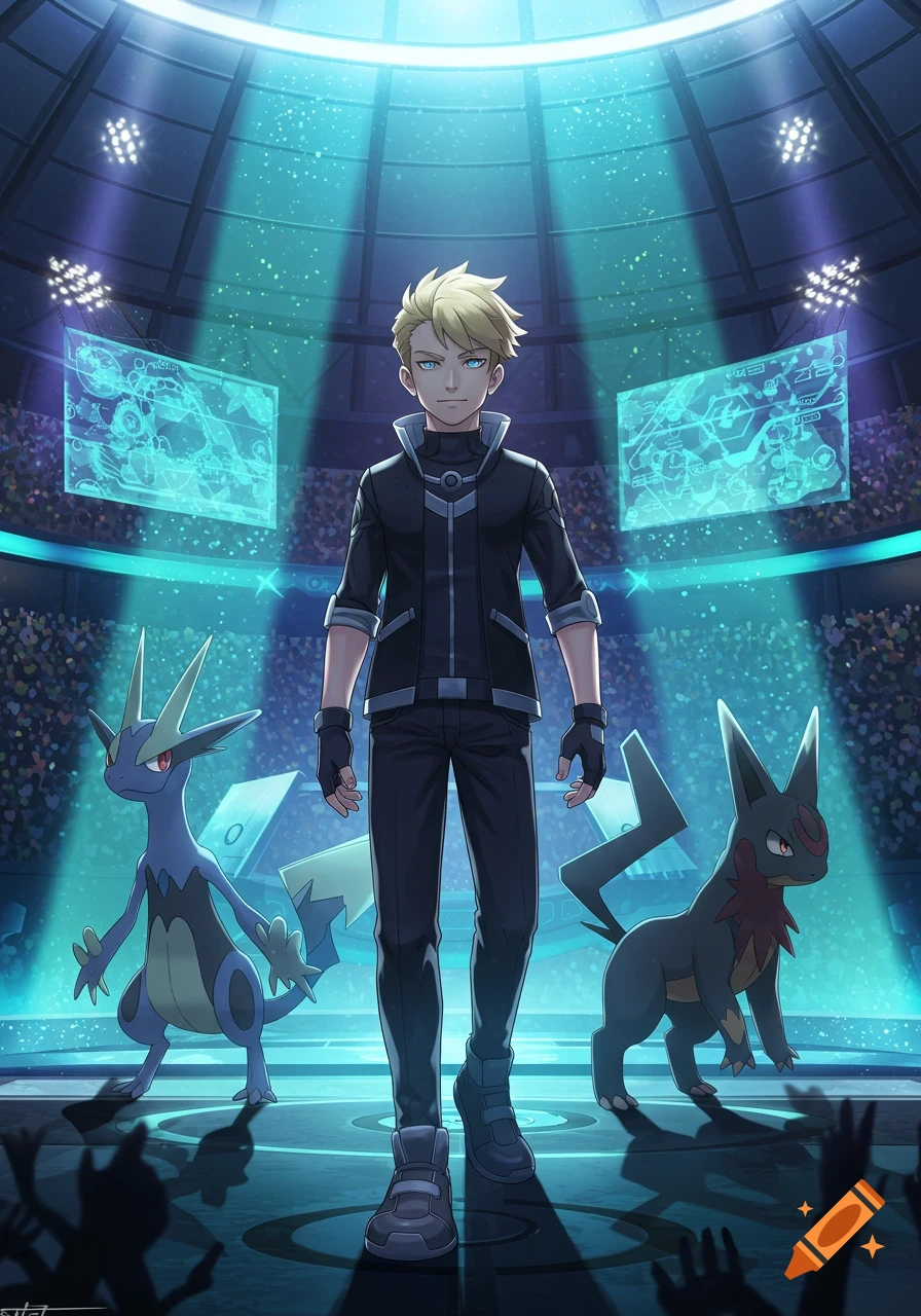 Anime style blonde male Pokemon trainer stands in a futuristic stadium with two Pokemon and holographic screens.