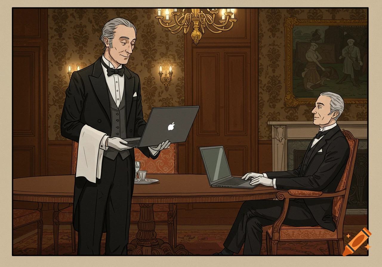 A formally dressed butler offers an open laptop to a seated man in an elegant, vintage parlor. Illustrated style.