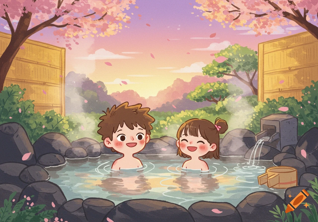 A cute cartoon boy and girl relax in an outdoor onsen with cherry blossoms falling at sunset.