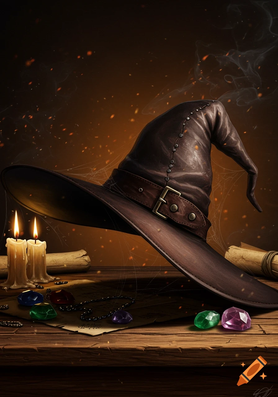 A dark brown leather witch hat with a buckled band rests on a wooden table beside two lit candles, old scrolls, and colorful gems, enveloped in mist and glowing particles.