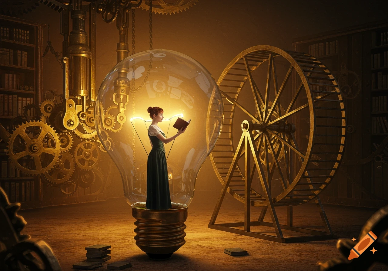 A woman reads a book inside a giant illuminated lightbulb, surrounded by intricate golden steampunk gears and machinery.