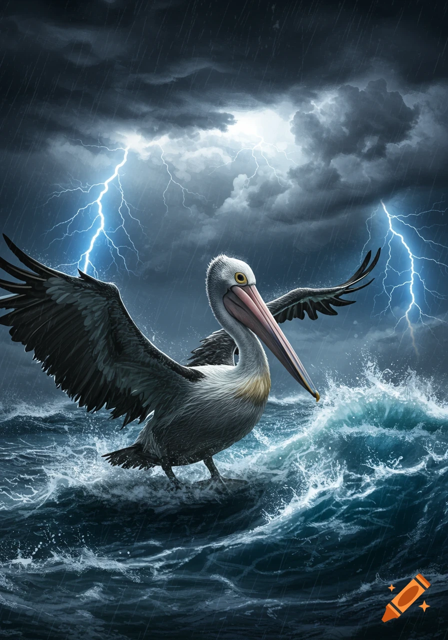 A pelican with outstretched wings braves a stormy sea under a dark, lightning-filled sky.