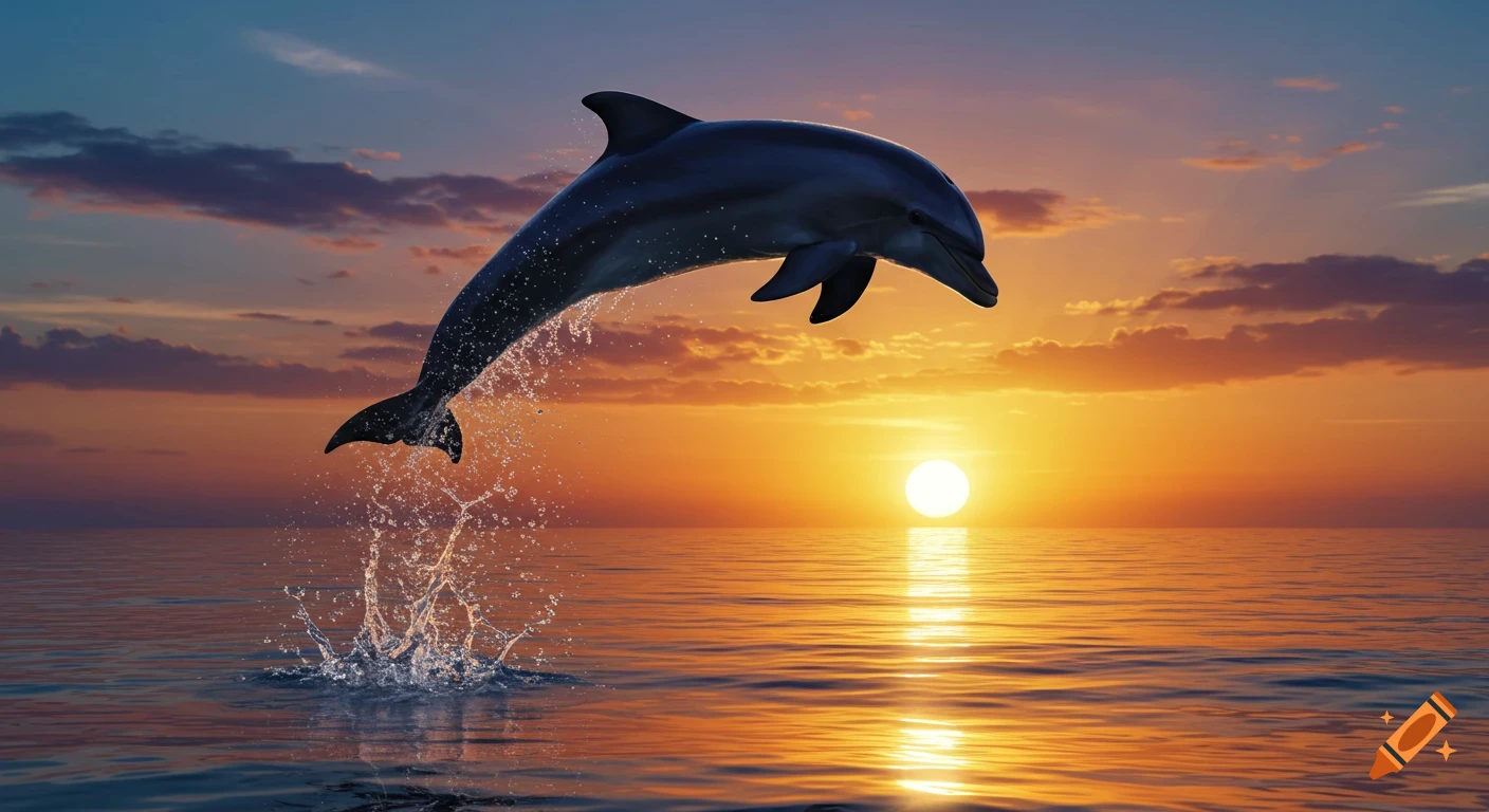 A photorealistic image of a dolphin leaping out of the ocean against a vibrant orange and blue sunset.