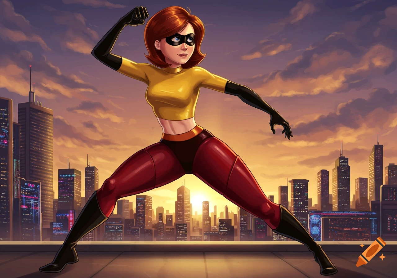 Elastigirl poses dynamically on a city rooftop at sunset, ready for action. Stylized cartoon art.