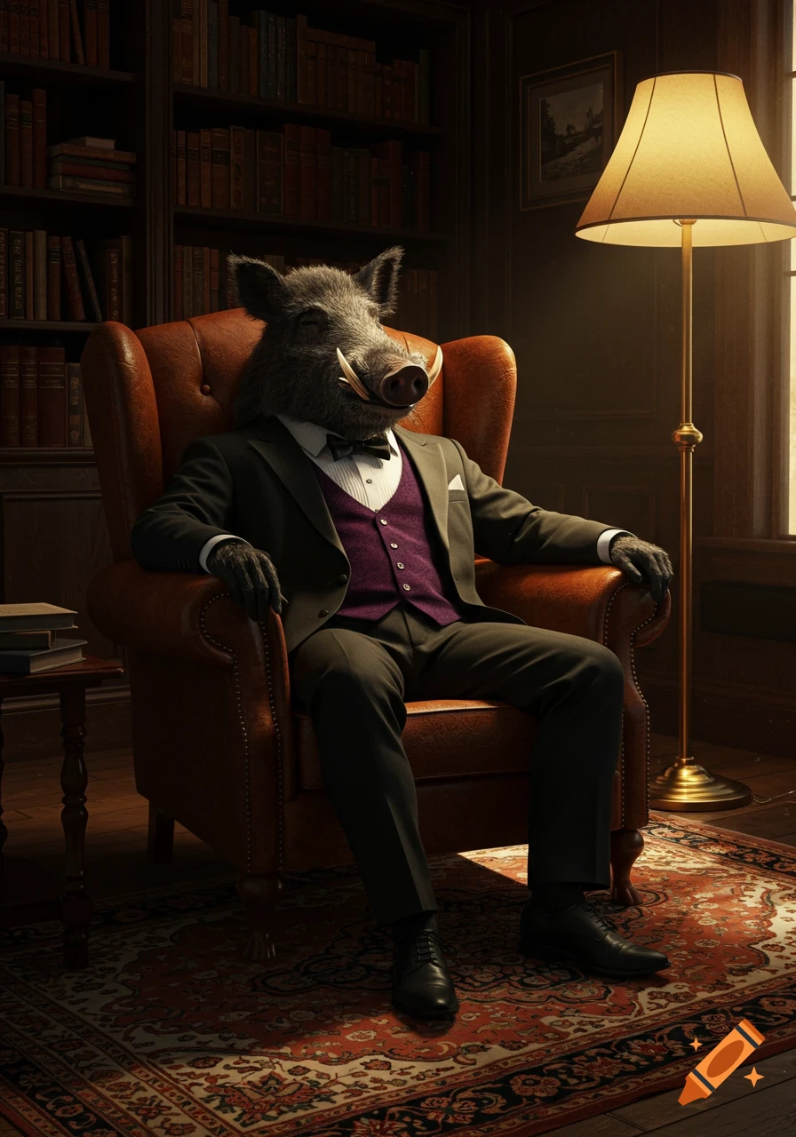 Photorealistic image of a boar in a tuxedo and purple vest, sitting in a leather armchair in a dimly lit library.