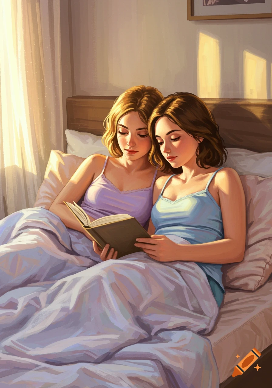 Digital art of two young women in tank tops reading a book together in bed, lit by warm sunlight.