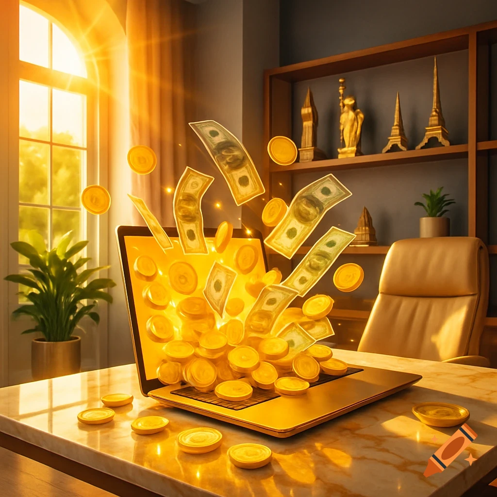 Golden coins and green banknotes emerge from an open laptop on a marbled desk, bathed in warm sunlight from a window. A plant and bookshelf are in the background.