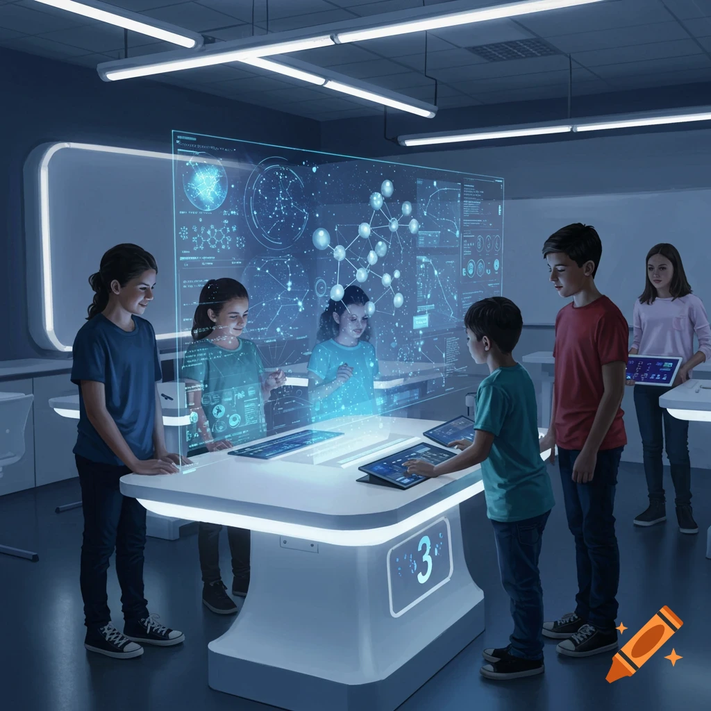 Children in a futuristic classroom interact with a large holographic display and glowing interactive tables, learning about science and data.
