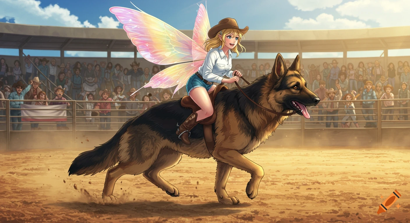 Anime-style illustration of a smiling cowgirl fairy riding a German Shepherd in a dusty rodeo arena with spectators.