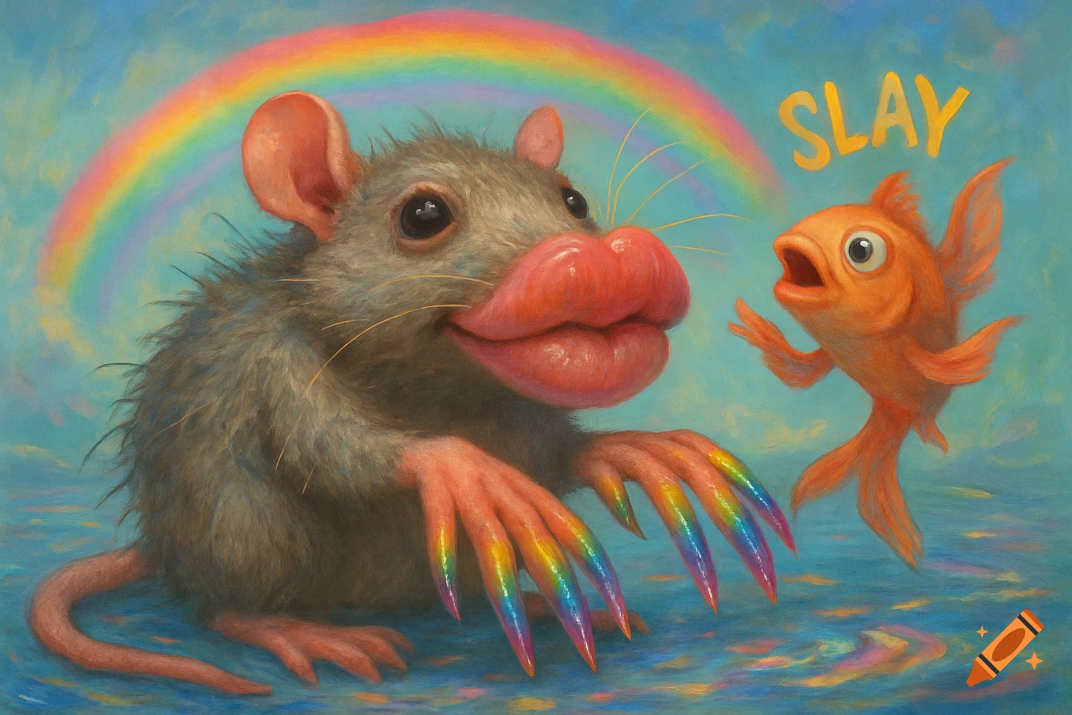 A whimsical illustration of a rat with large pink lips and long rainbow nails, next to an excited goldfish saying 'SLAY' under a rainbow.