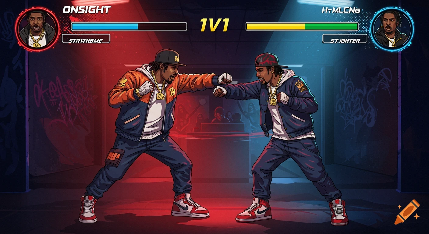 Cartoon illustration of two rappers in a fighting game UI, with health bars, player names, and '1V1' between them, set in a backstage area with graffiti.