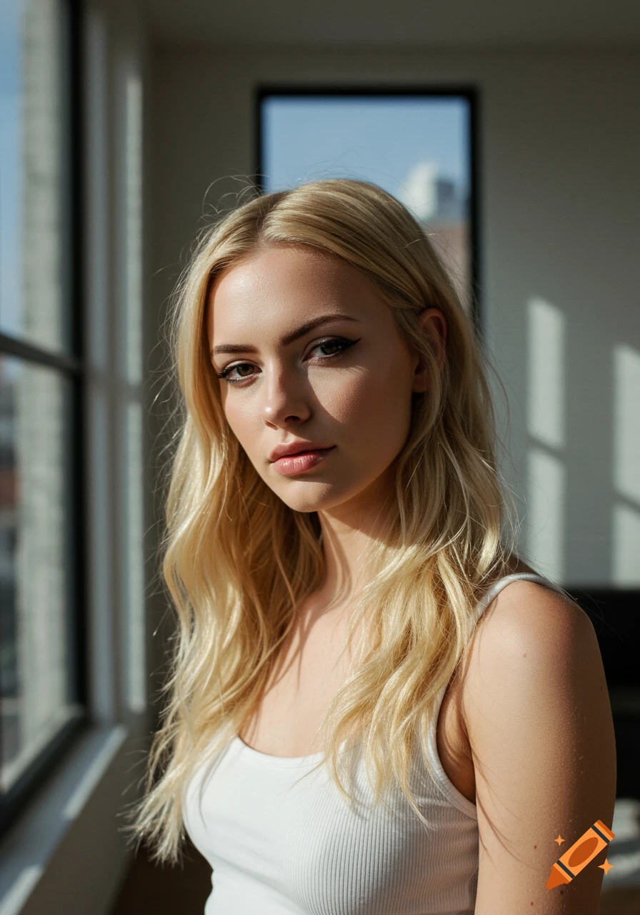 Photorealistic portrait of a young blonde woman in a white tank top, backlit by sunlight through a window.