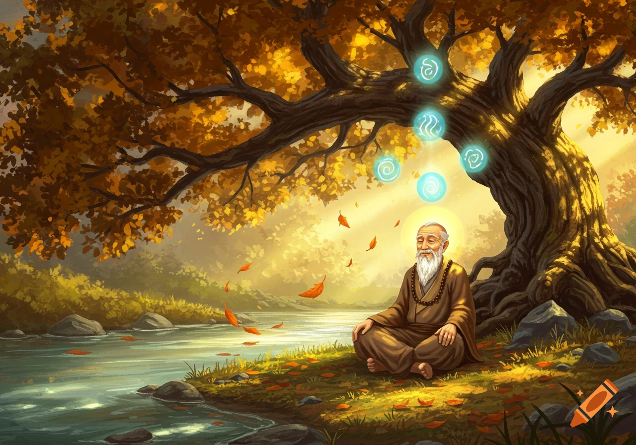 An old man with a white beard meditates under a golden autumn tree by a river, with glowing mystical orbs floating nearby, in an illustrated style.