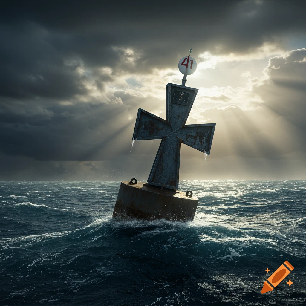 A weathered metal buoy shaped like a cross of Lorraine floats on a dark, choppy sea under a dramatic, stormy sky with sun rays.