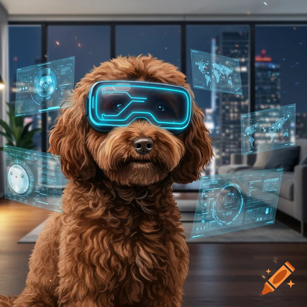A brown labradoodle dog wearing glowing blue VR goggles, surrounded by holographic displays in a modern apartment at night.
