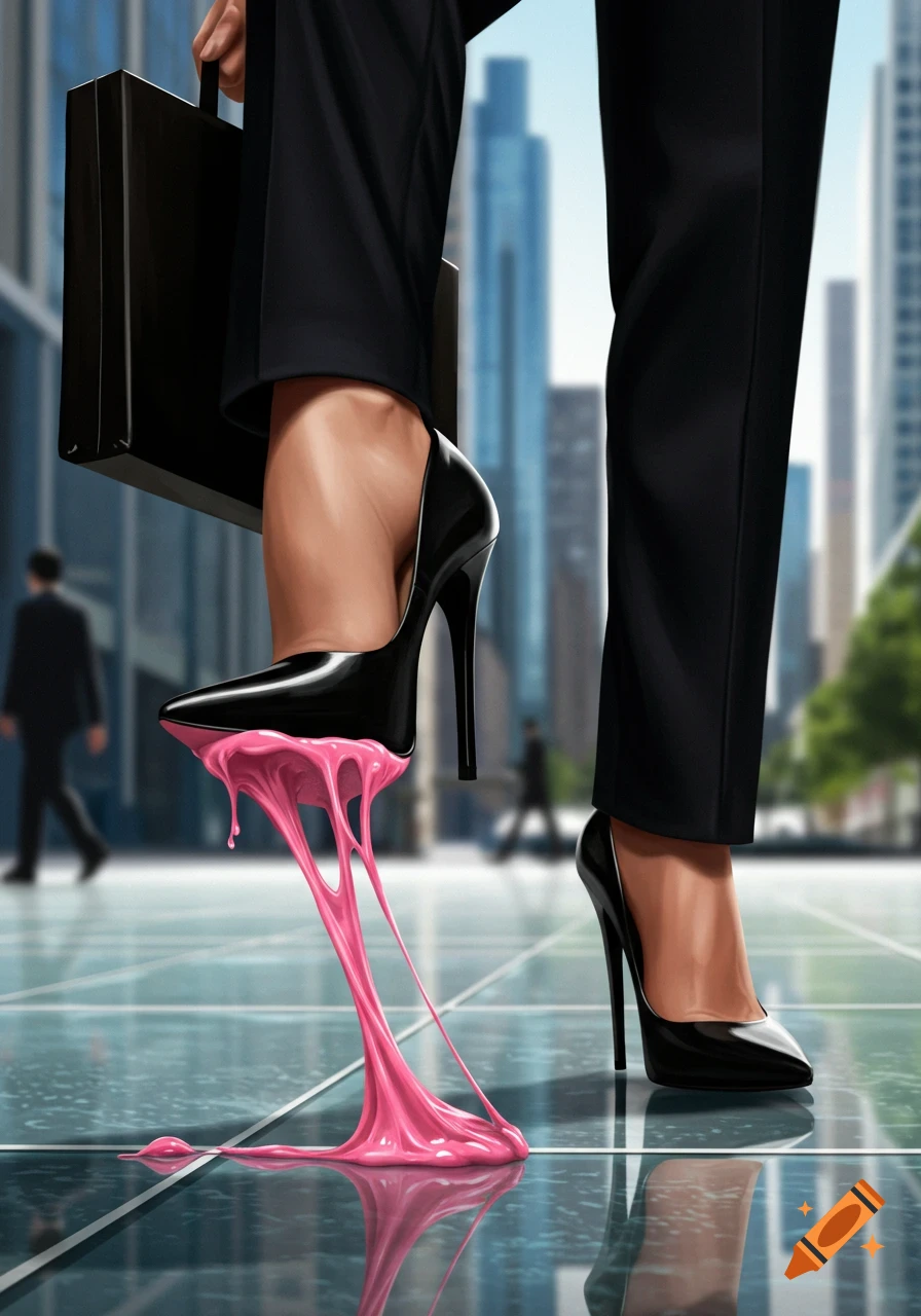 A businesswoman's black stiletto heel is stuck in bright pink chewing gum, stretching from the ground on a reflective city street.