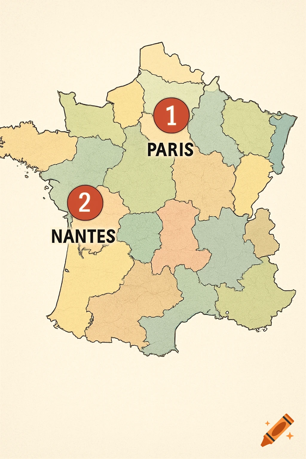 Stylized map of France with regions in various colors, showing red markers for Paris (1) and Nantes (2).