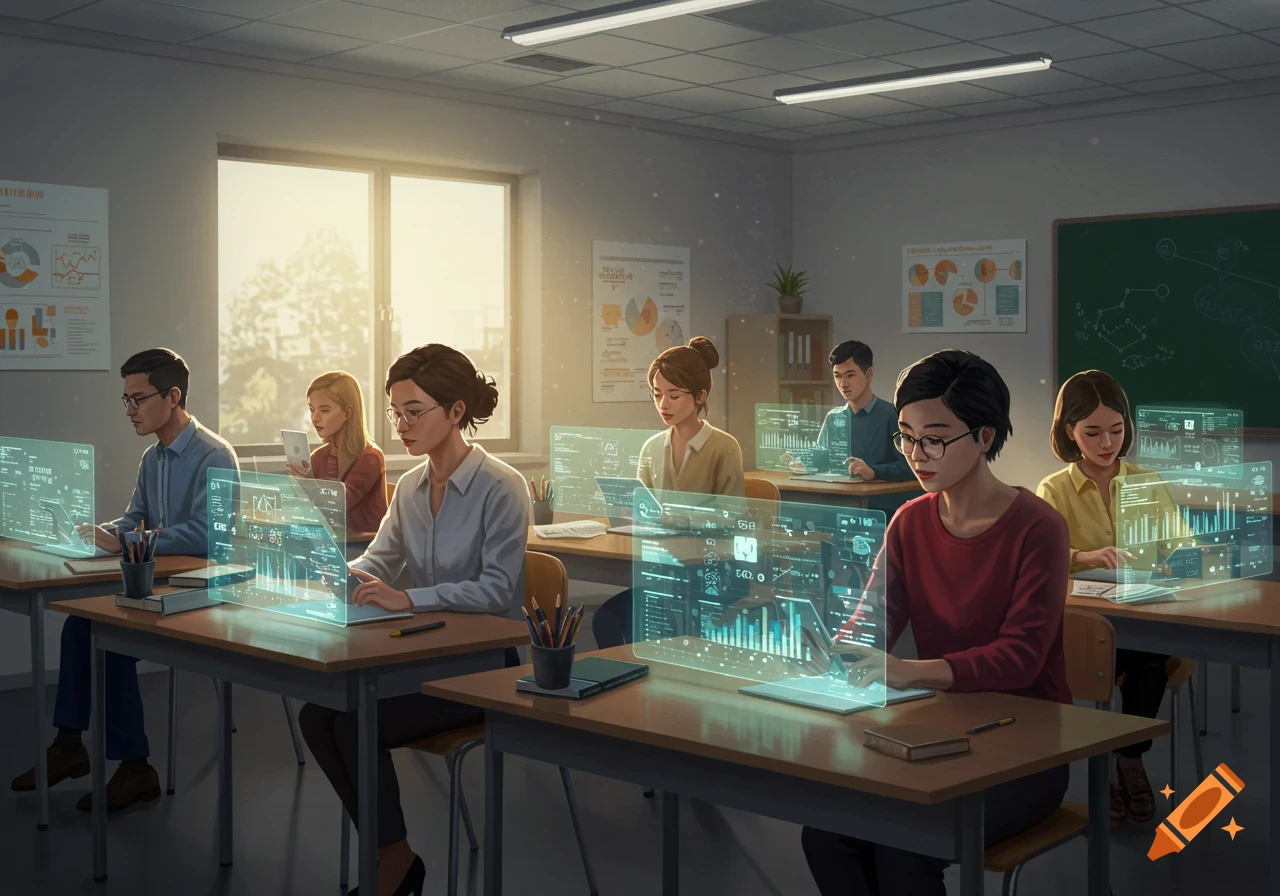 Students in a classroom use futuristic holographic displays to interact with data and AI concepts. The room is brightly lit by a window.