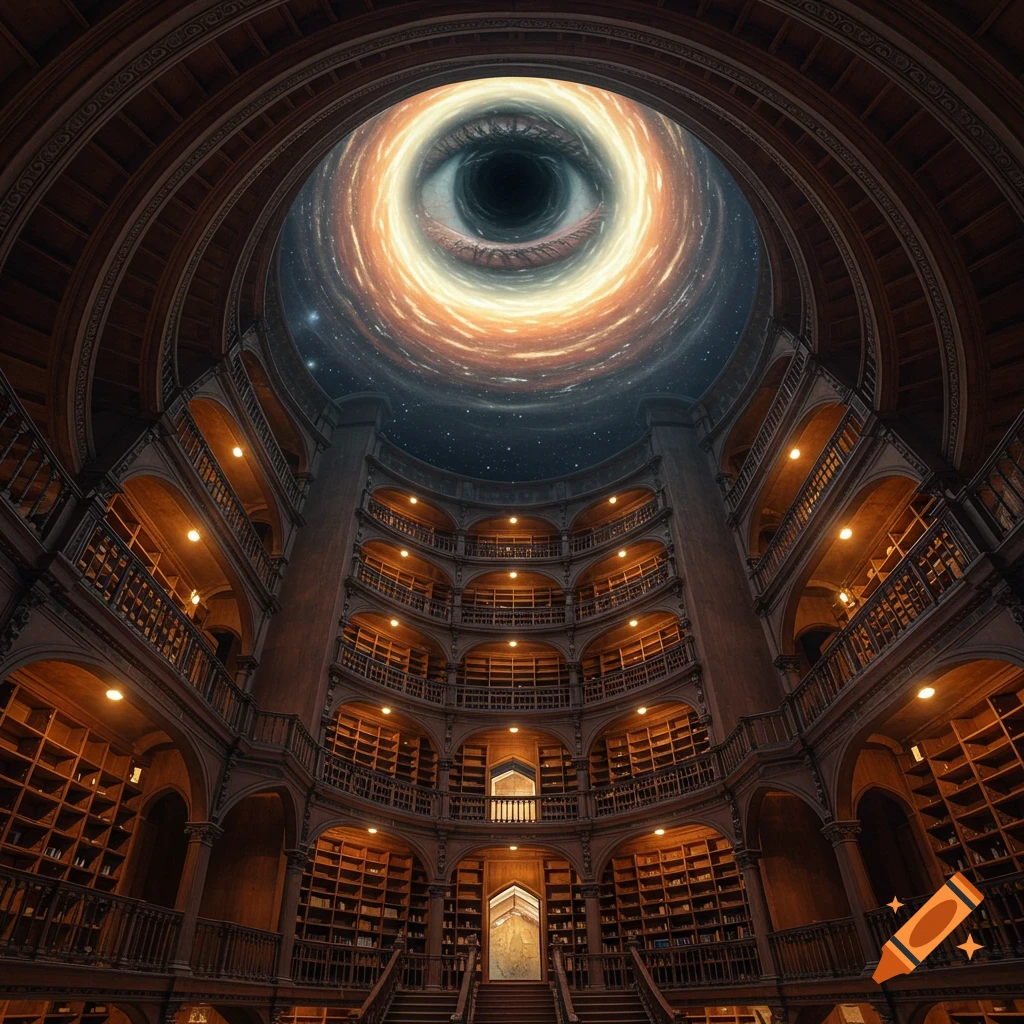 A vast, ornate circular library with multiple wooden tiers of bookshelves under a cosmic ceiling featuring a giant eye and swirling nebula.
