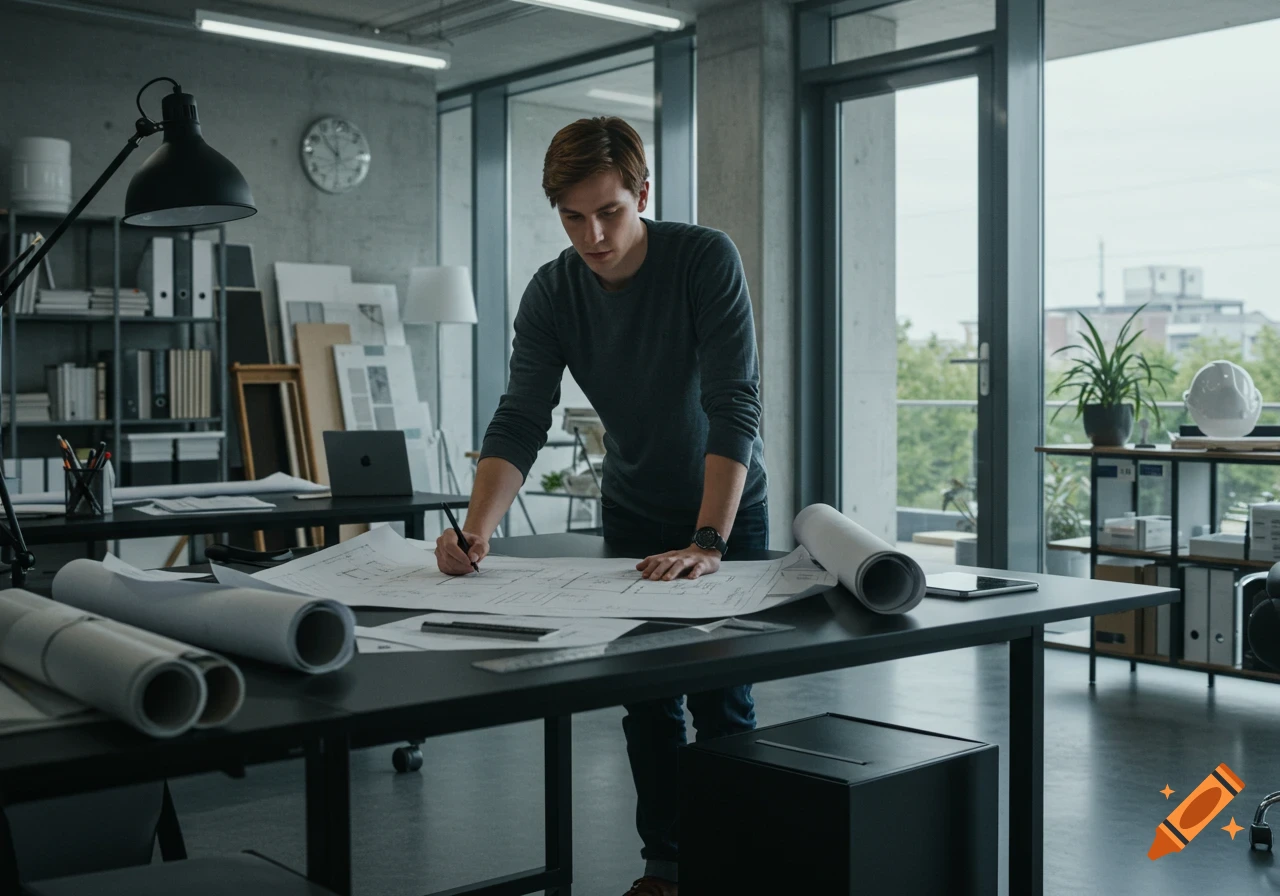 A young male architect drawing blueprints at a desk in a modern office, photorealistic style.