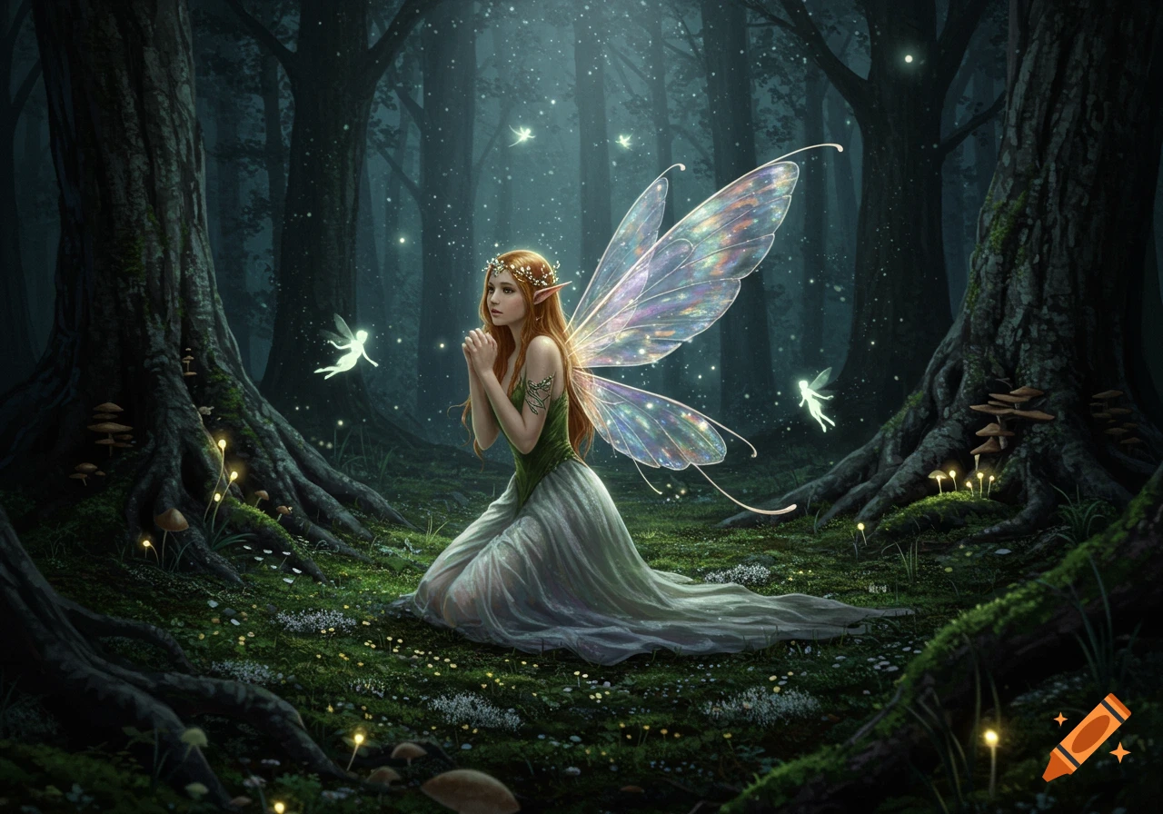 A red-haired fairy with iridescent wings kneels in a glowing magical forest at night, surrounded by tiny light fairies and mushrooms.