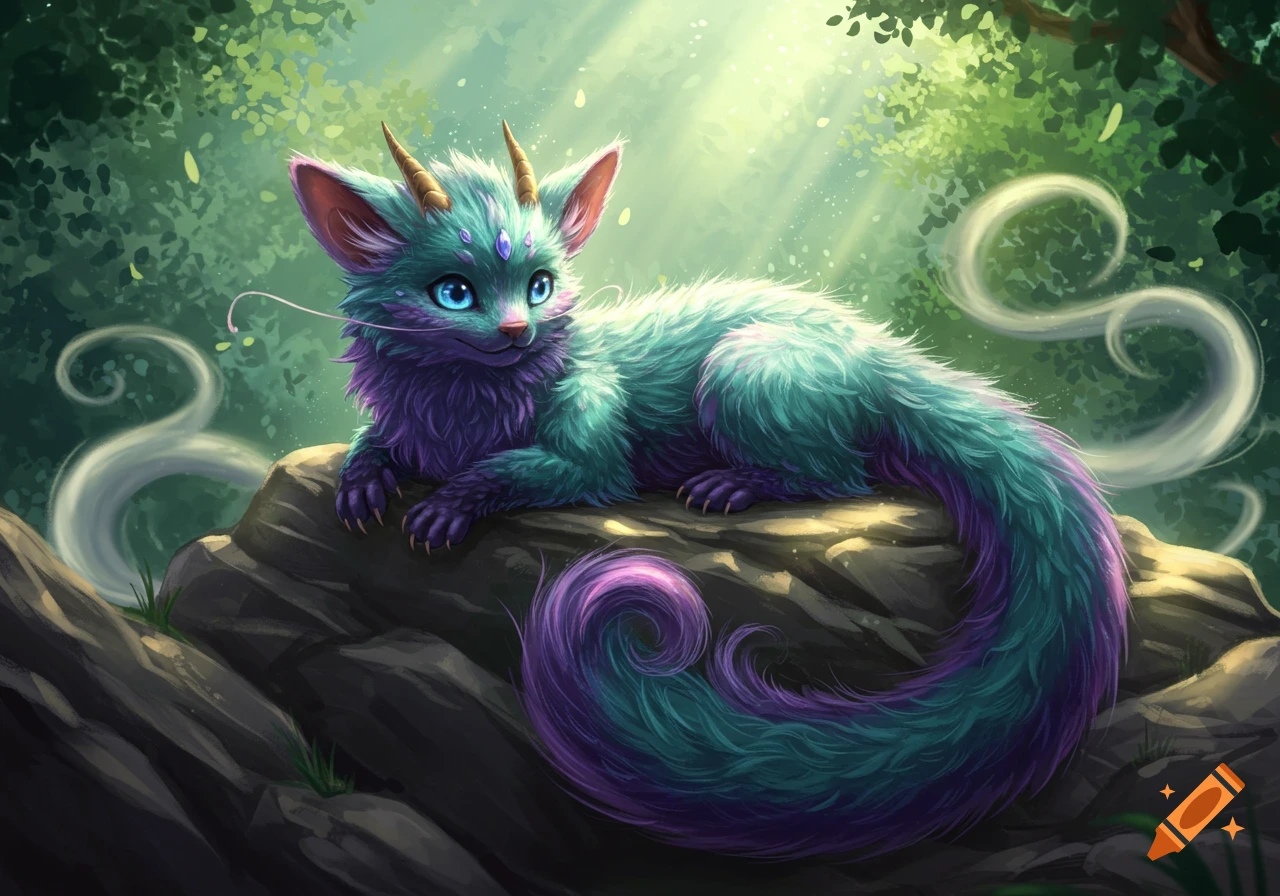 A fluffy teal and purple fantasy creature with small horns and bright blue eyes lies on rocks in a sunlit forest.