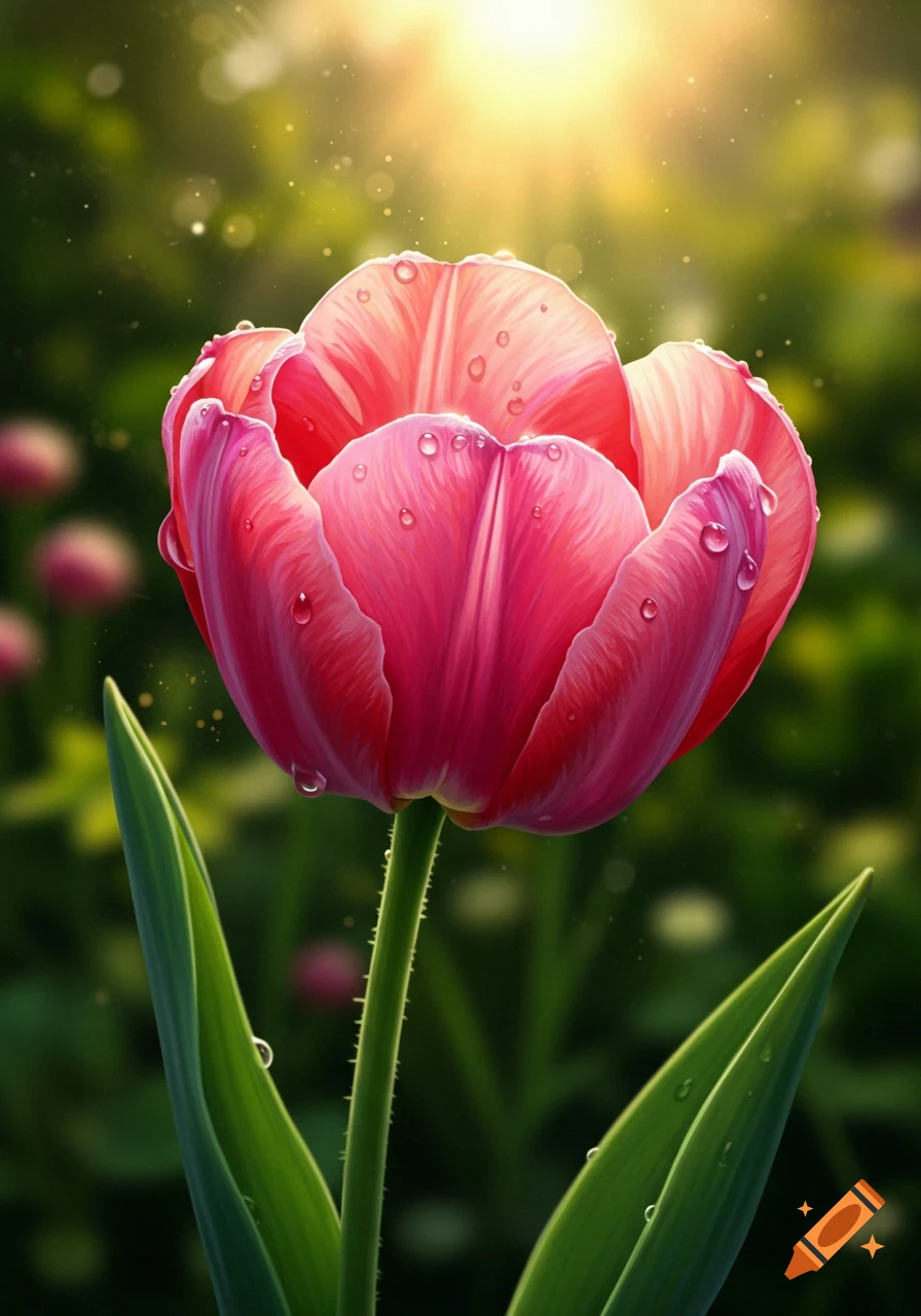 Close-up of a vibrant pink tulip with water droplets, glistening in sunlight against a soft green background.