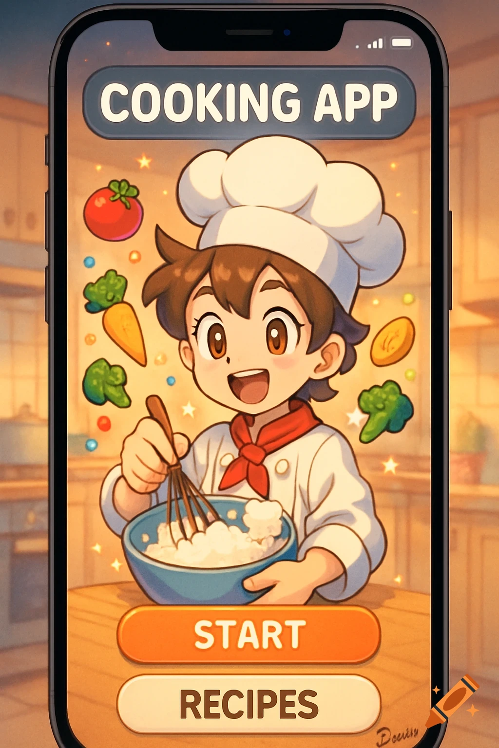 Anime-style cooking app interface featuring a cheerful child chef mixing ingredients, with 'COOKING APP', 'START', and 'RECIPES' buttons.