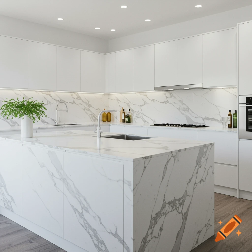 A bright, modern kitchen featuring white cabinets, marble countertops and backsplash, a central island with a sink, and a gas range.