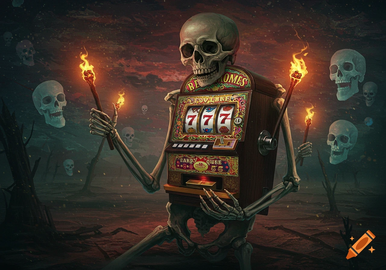 A skeleton with a slot machine for a chest holds torches, surrounded by floating skulls in a dark, eerie landscape.
