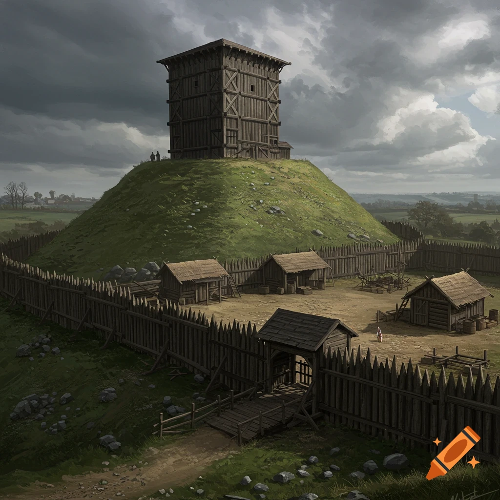 A medieval wooden keep on a grassy motte, surrounded by a palisade fence and village buildings under a cloudy sky.