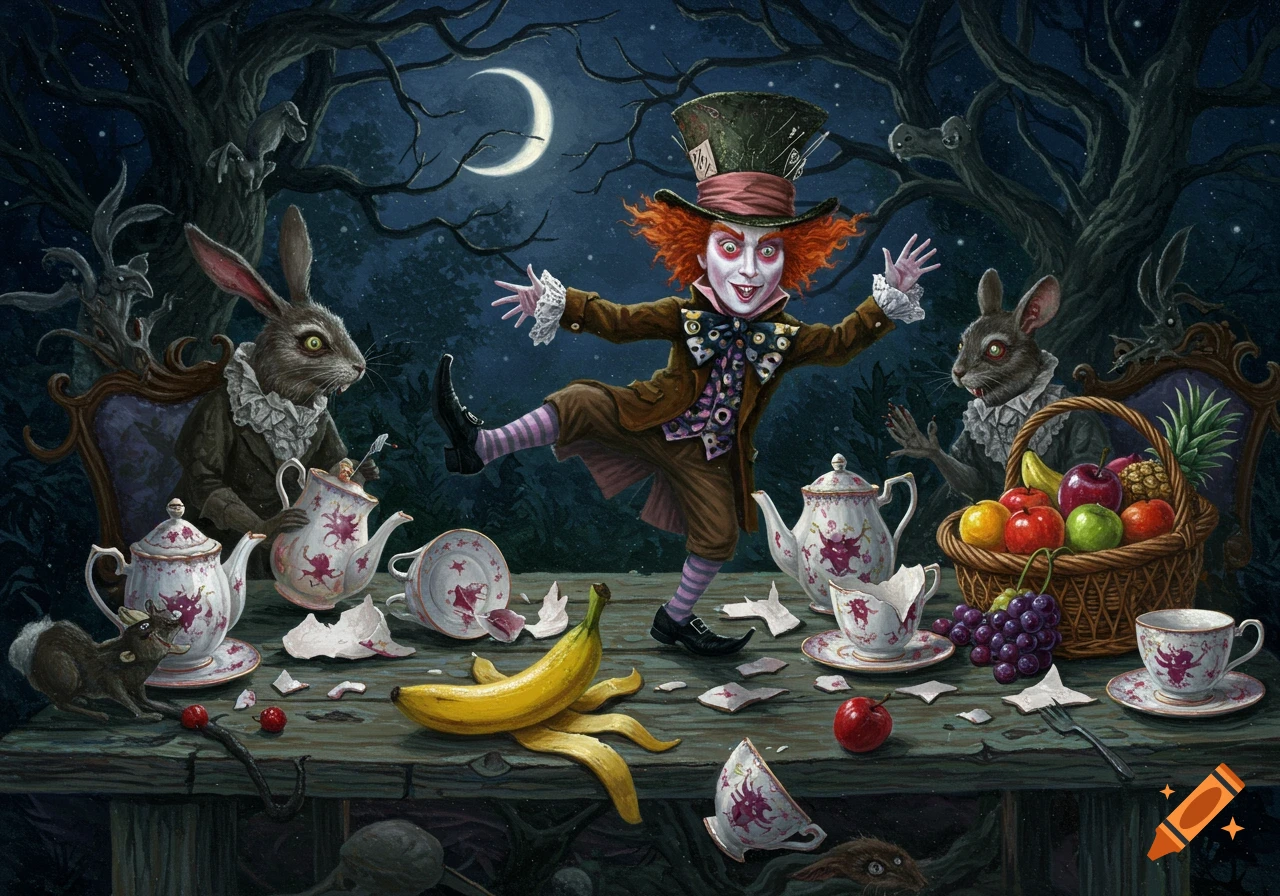 An oil painting of the Mad Hatter slipping on a banana peel at a shattered teacup party. Lunatic rabbits and mice watch, a fruit basket on the table, under a crescent moonlit sky.