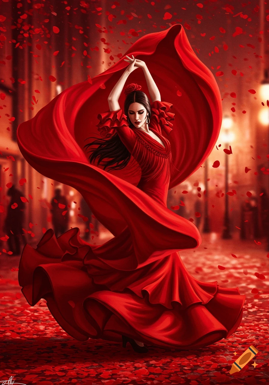 Vibrant illustration of a flamenco dancer in a flowing red dress, arms raised, surrounded by falling red petals on a blurry street background.