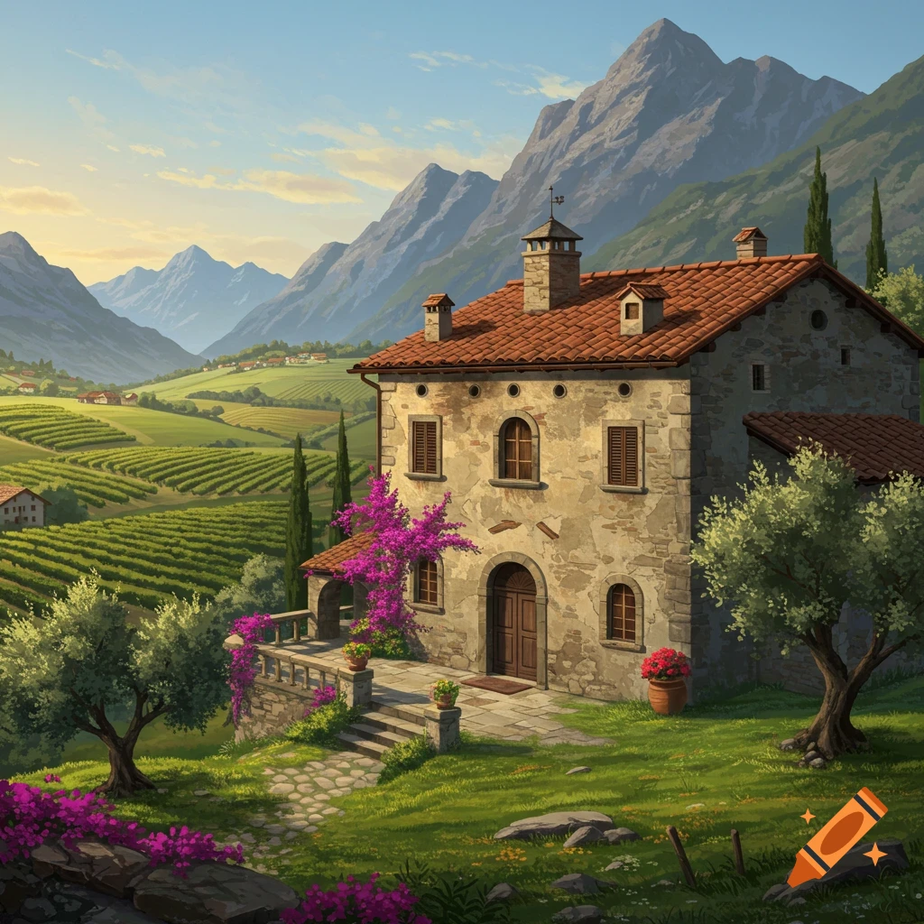 Digital painting of a rustic Italian villa with red tile roof, surrounded by vineyards, olive trees, and distant mountains under a clear sky.
