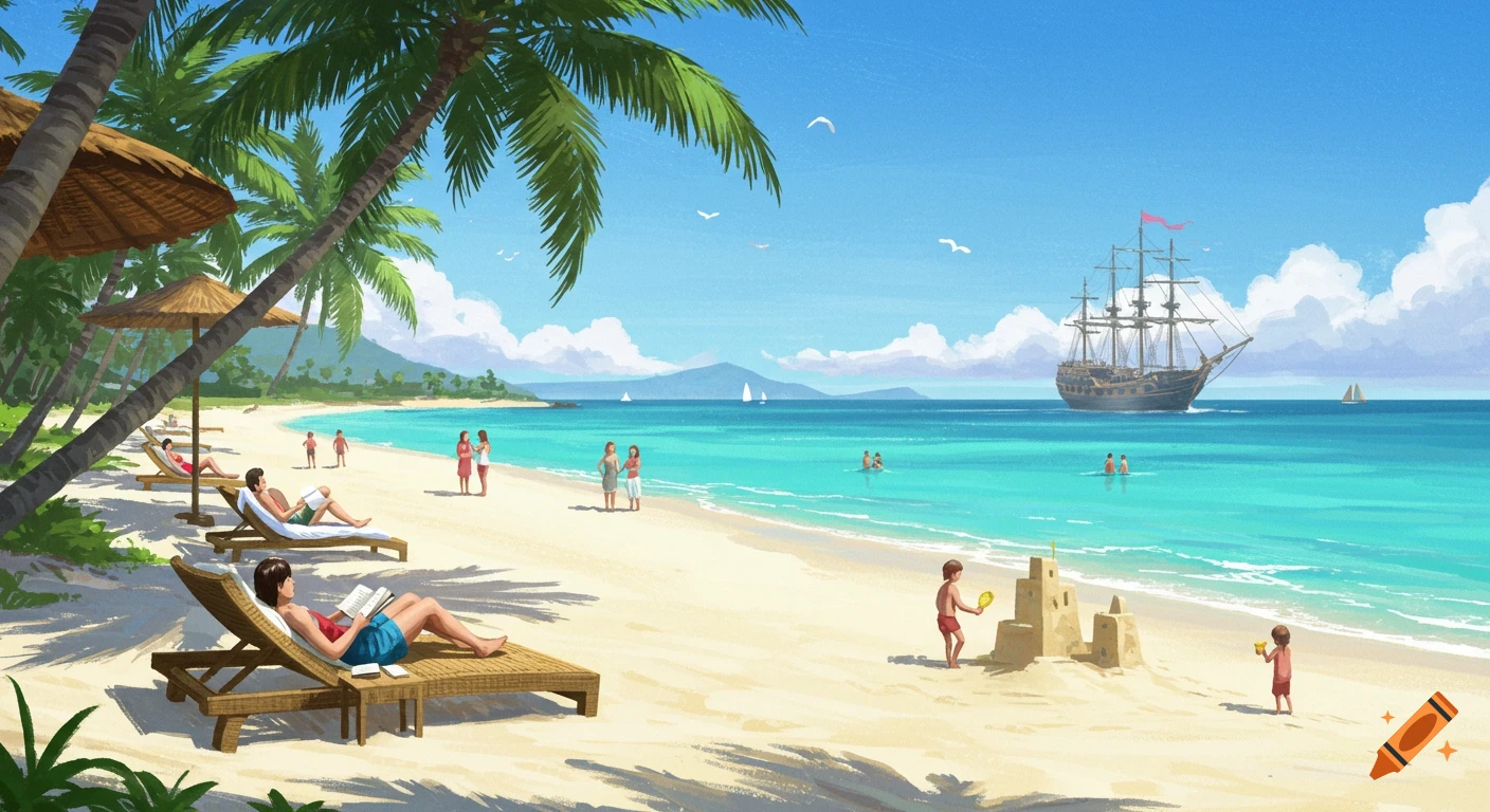 Illustrated tropical beach scene: people relax on sunbeds, children play, swimmers in turquoise sea, large ship sails by.