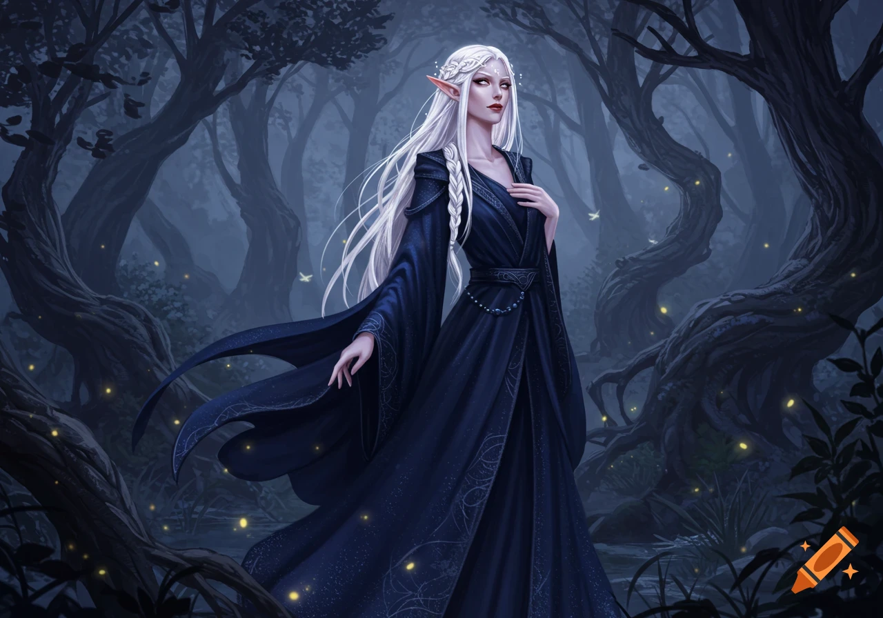 A pale elf woman with long white hair and pointed ears, wearing a dark blue robe, stands in a misty, dark forest with glowing fireflies. Digital art.