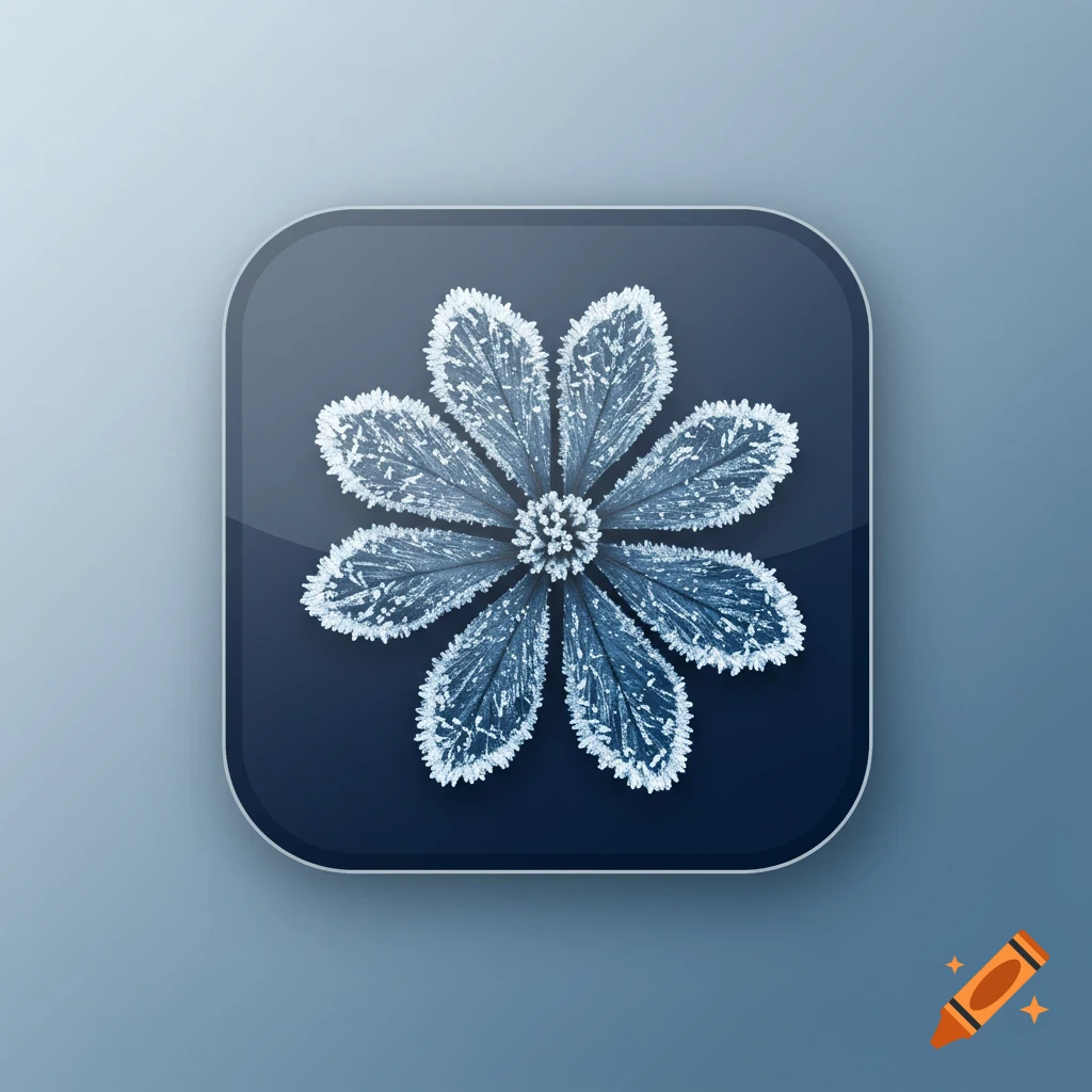 A dark blue app icon featuring a frosted blue flower with white ice crystals on its petals.