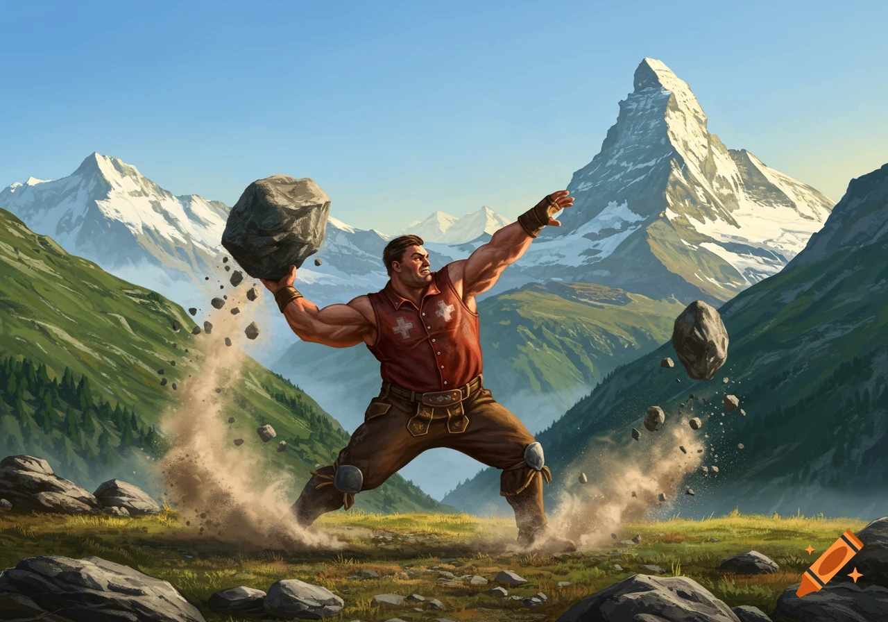 Muscular Swiss man throws a large rock, kicking up dust in a green mountain valley with snowy peaks, fantasy art style.