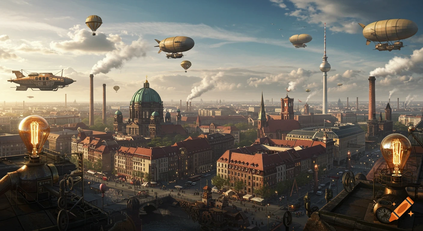 Panoramic steampunk Berlin cityscape from a bird's eye view, featuring airships, hot air balloons, smoking chimneys, Berlin Cathedral, and TV Tower, with glowing lightbulbs.