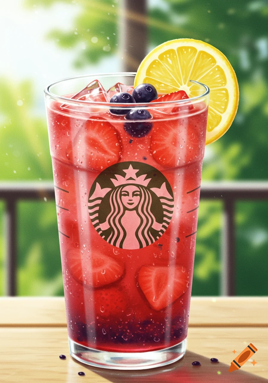 A tall glass of red strawberry acai lemonade with ice, fresh strawberries, blueberries, and a lemon slice, featuring a Starbucks logo, on a wooden table outdoors. Stylized digital art.