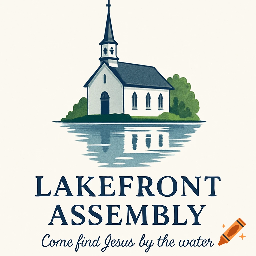 Illustrated logo of a white church with a steeple reflected in water. Text reads 'Lakefront Assembly' and 'Come find Jesus by the water'.