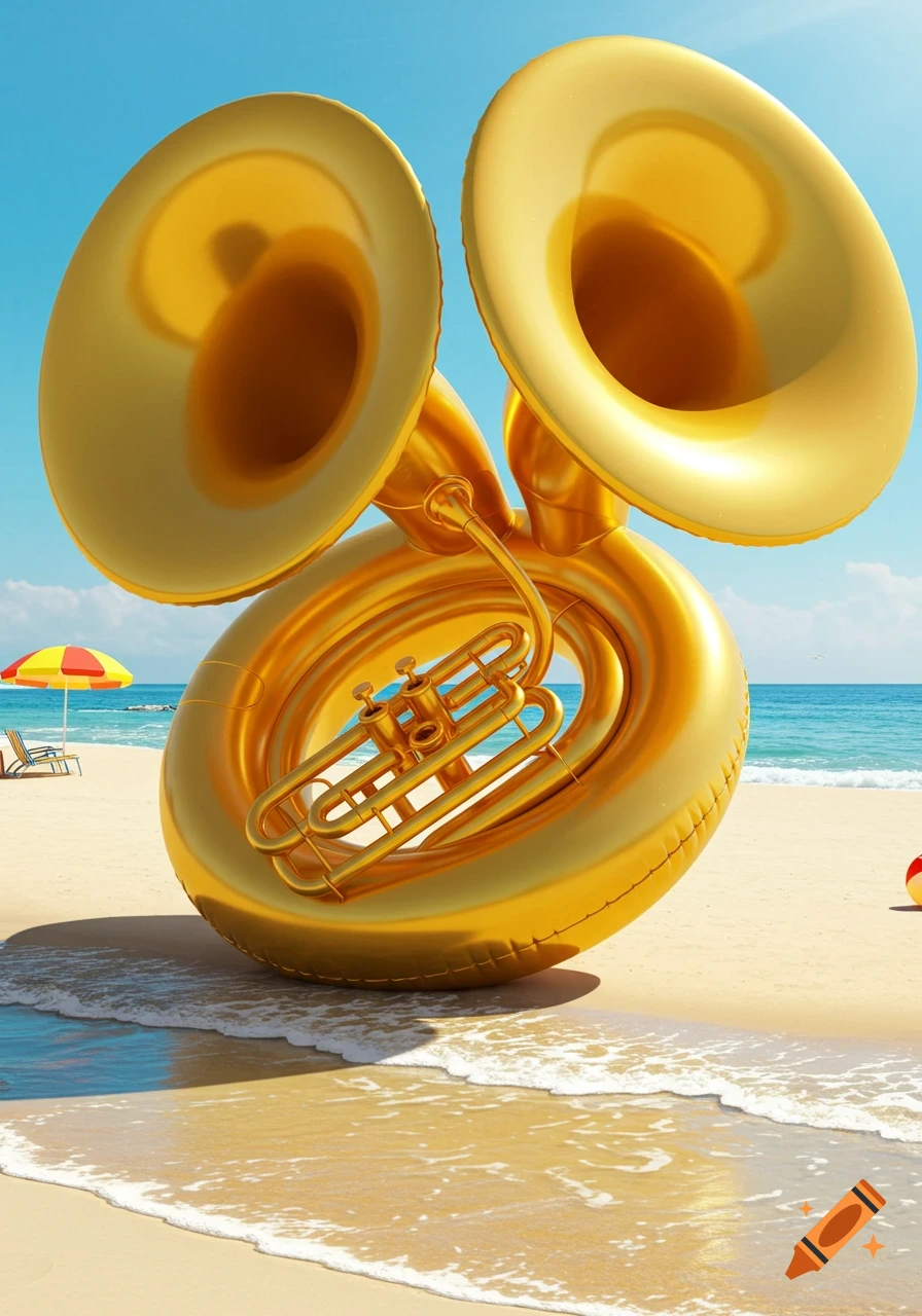 A large, shiny golden inflatable sousaphone rests on a sandy beach as small waves lap at the shore under a clear blue sky.