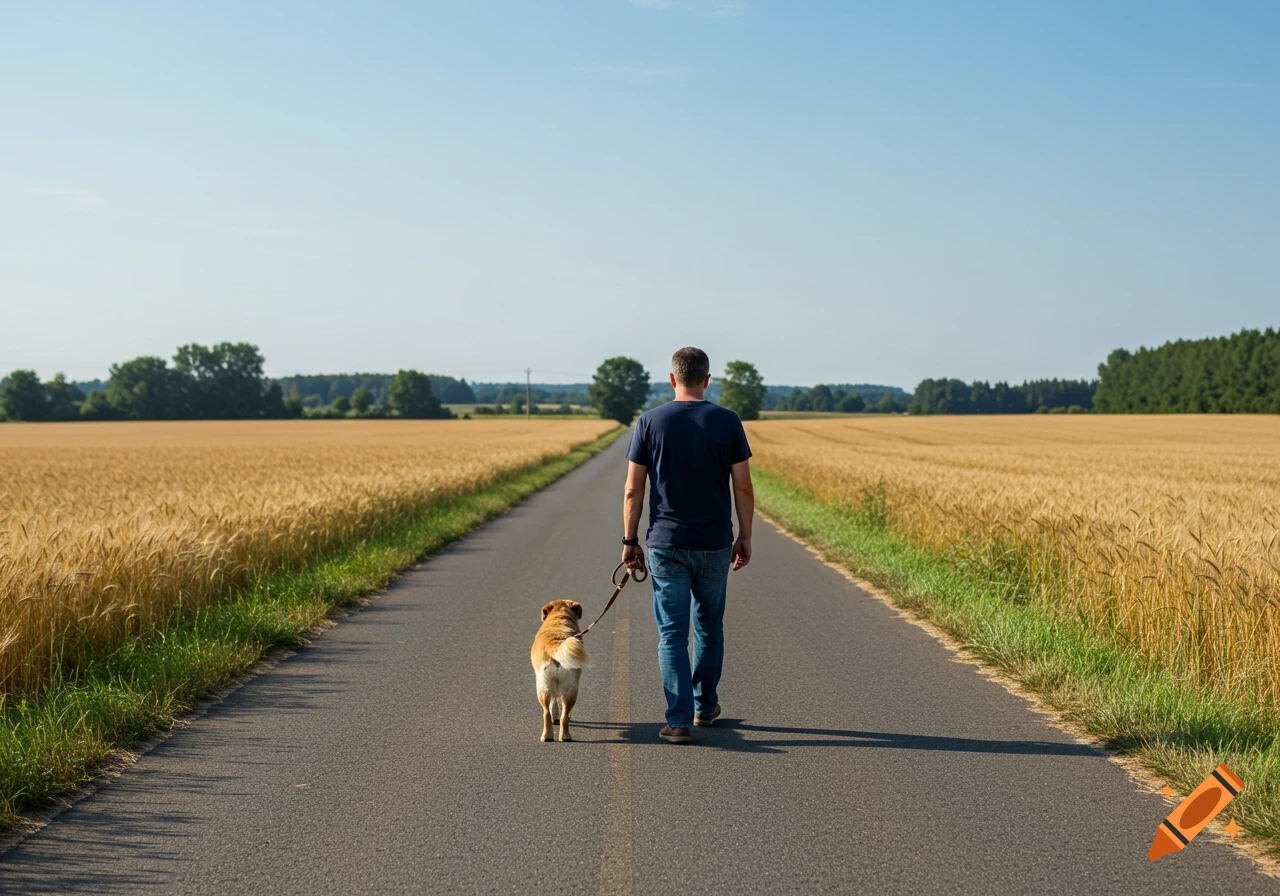A man and his dog walk down a paved road between golden wheat fields on a sunny day.