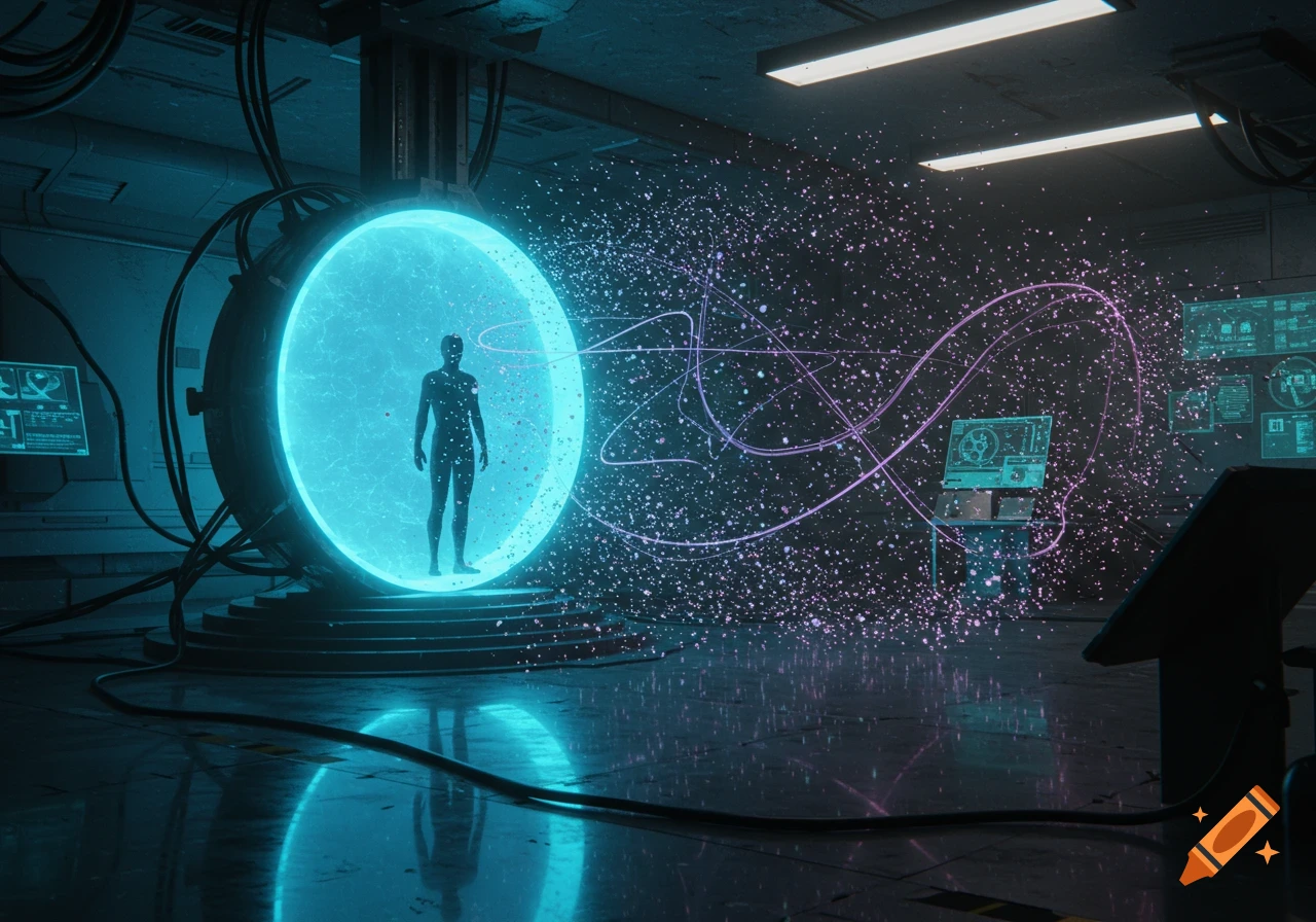 A silhouetted figure stands in a glowing blue portal in a futuristic, dark room with screens and light trails.