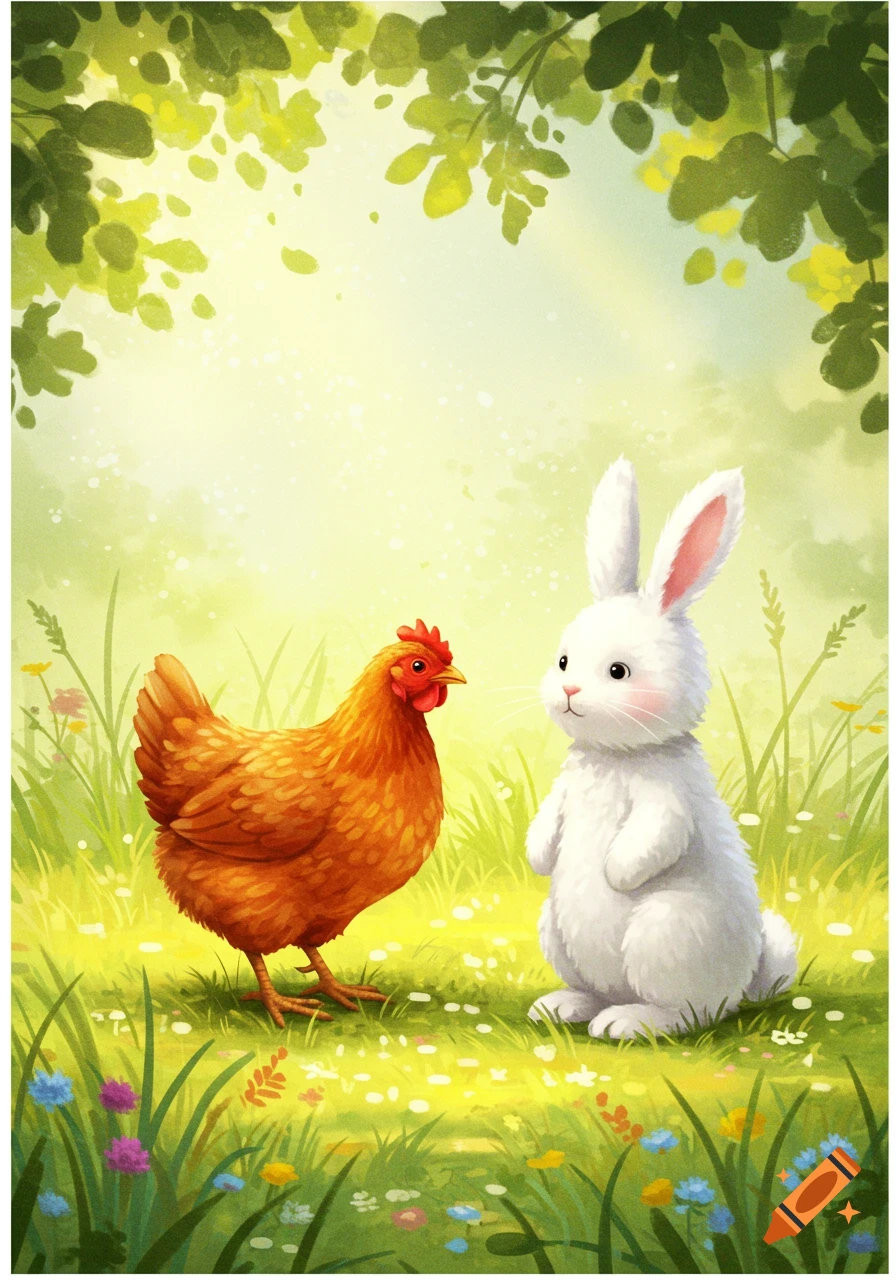 A brown hen and a white rabbit stand in a sunlit field of green grass and wildflowers under leafy trees, in a charming illustration.